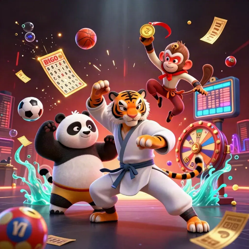 Kung-fu tiger, panda, and monkey amid casino sports props, glowing balls and prize wheel