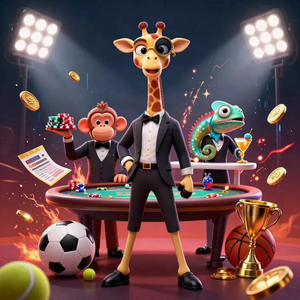 Three cartoon casino animals with flying sports balls, coins, and dramatic floodlights in a luxe neon scene.