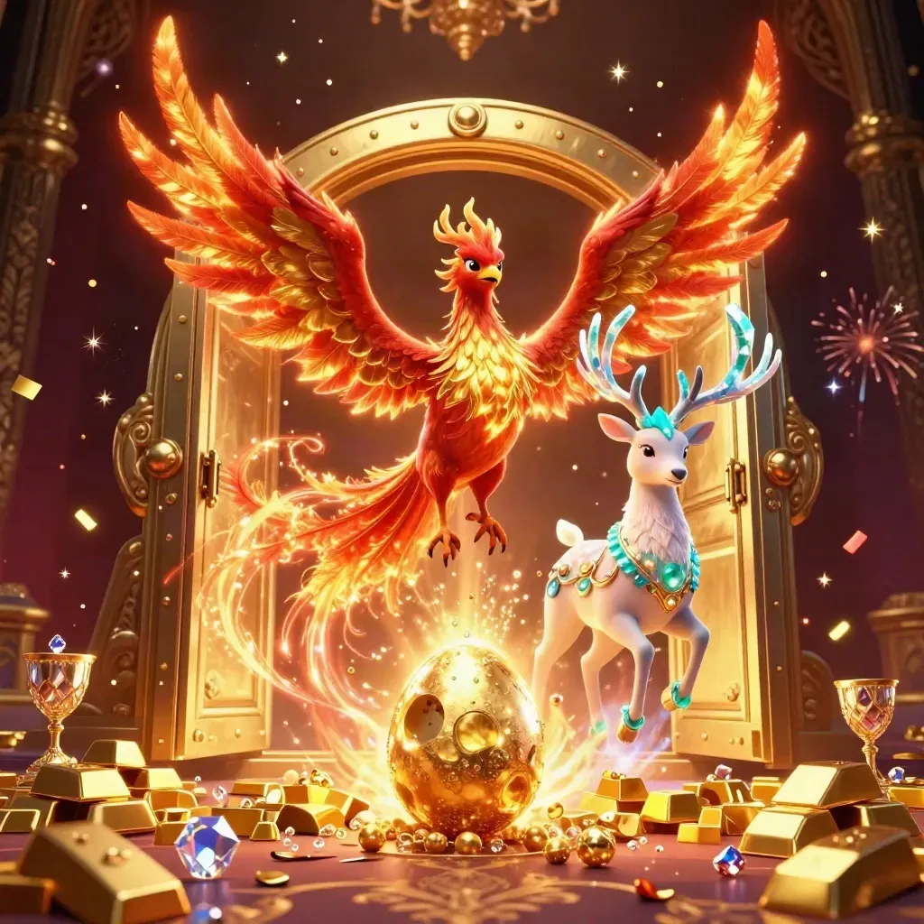Phoenix, hatchling and crystal stag burst from a golden vault amid treasure and sparks.