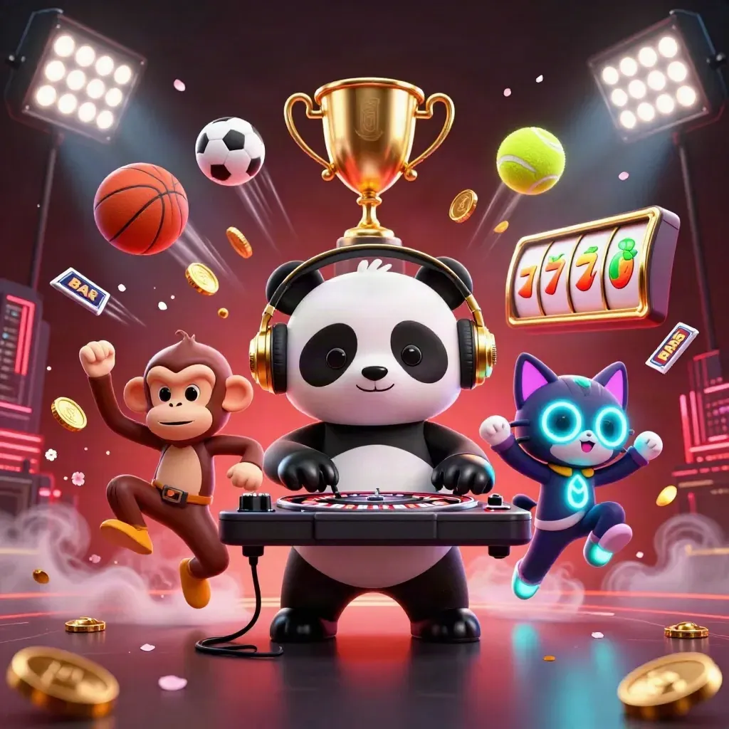 DJ panda, monkey, and kitten in a neon casino blast with coins, trophy, and sports balls.