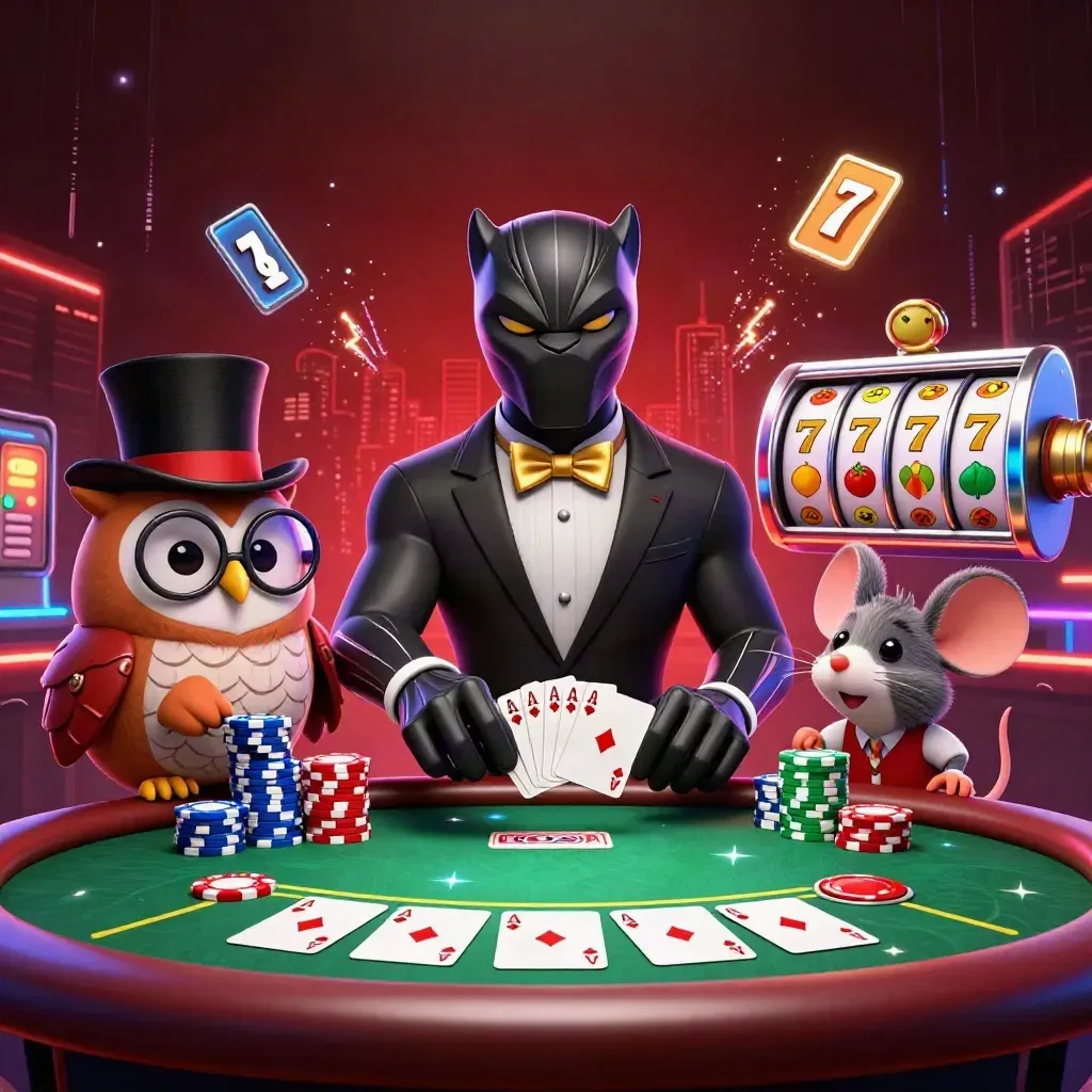 Panther, owl, and mouse play high-stakes cards amid chips, reels, and electric casino effects.