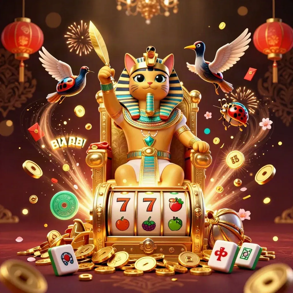 Pharaoh cat on throne with scribe, scarabs, coins, fireworks, and slot reels.