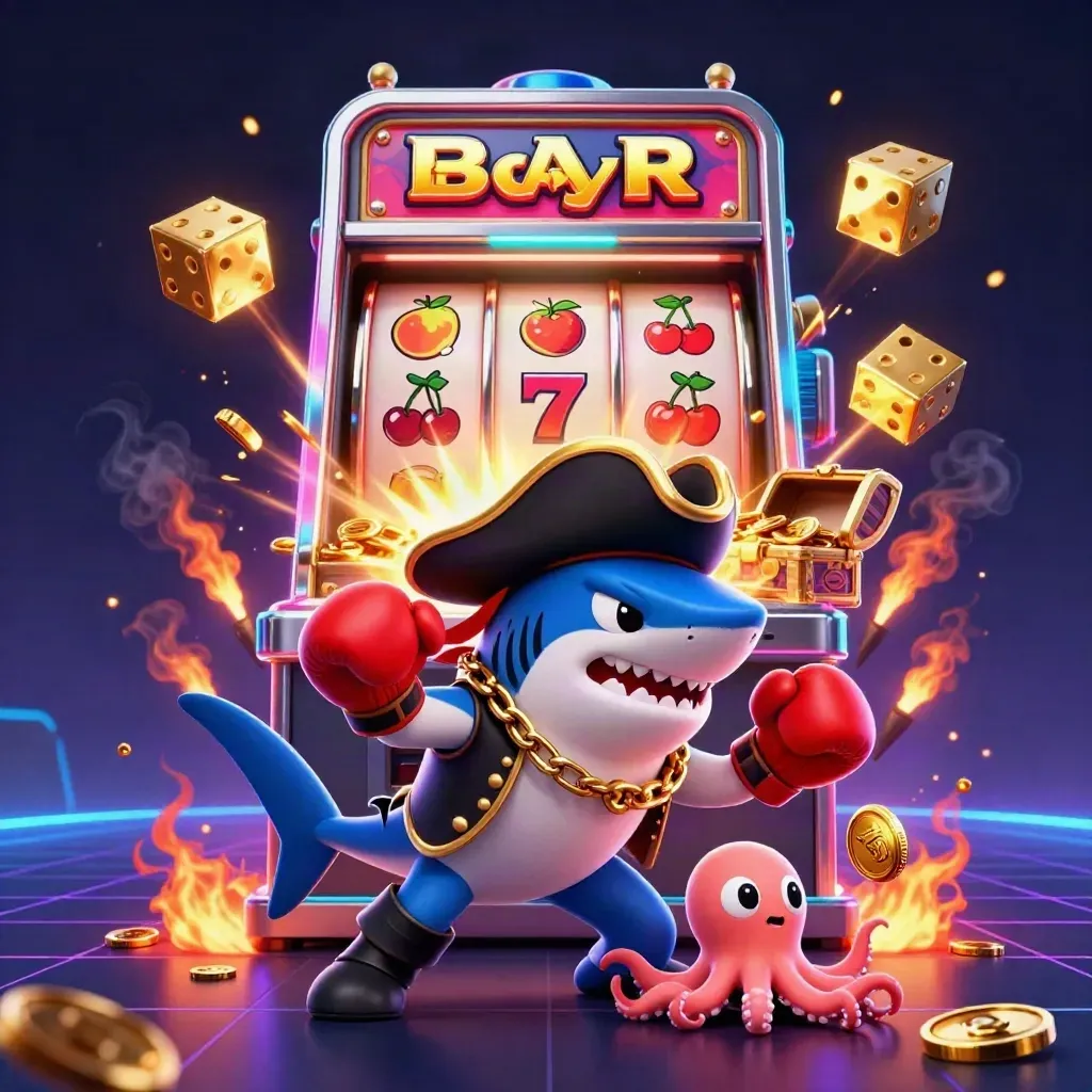Pirate shark, boxing pufferfish, and coin-juggling octopus burst from a glowing slot machine.